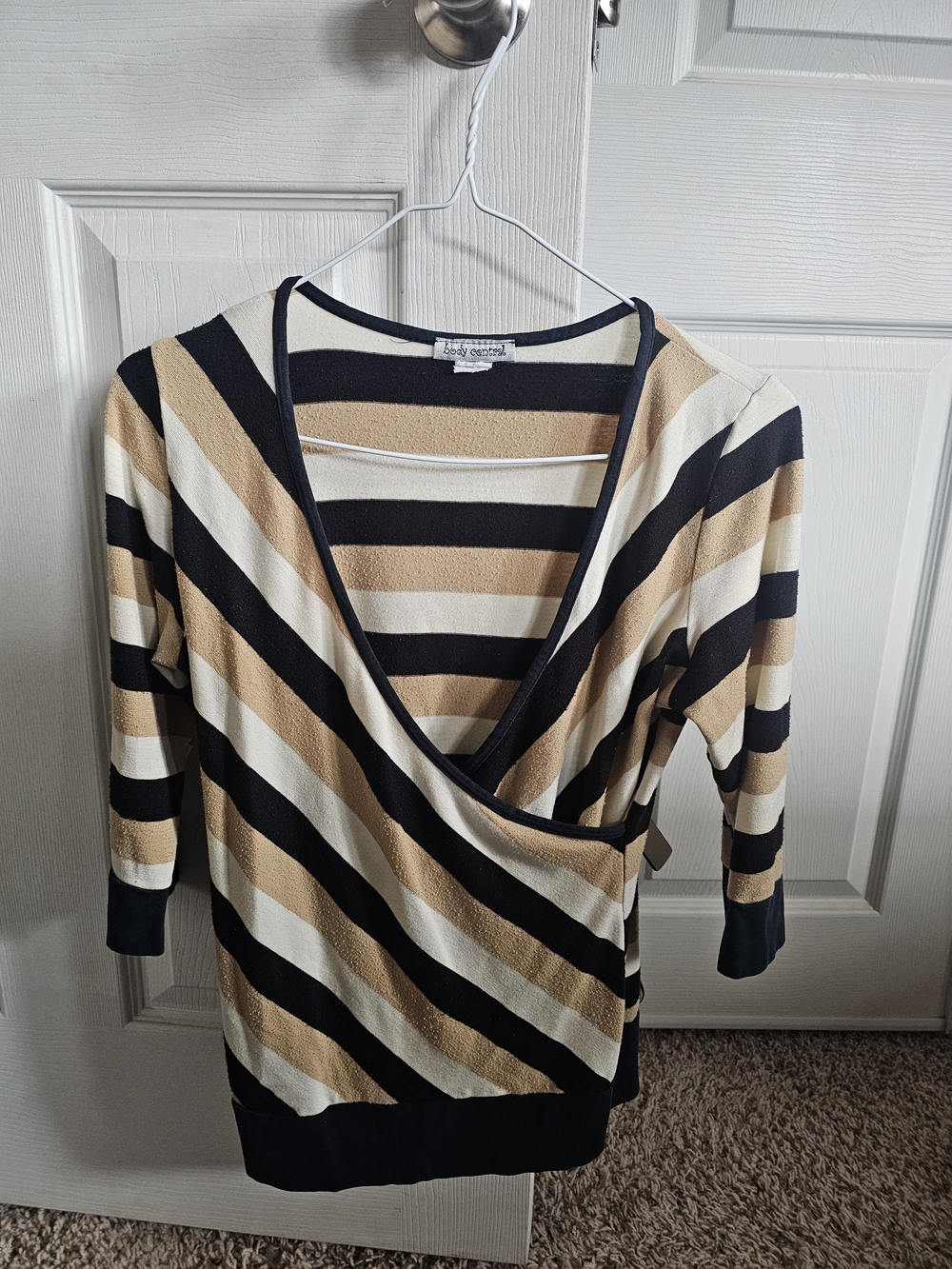 Body Central Striped Wrap-Style Top in Black, Cream & Tan